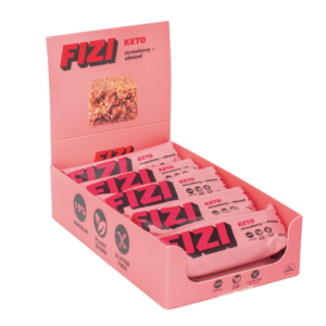 KETO baltymininis batonėlis su liofilizuotomis braškėmis ir migdolais (dėžutė) | Fizi (10×45 g)